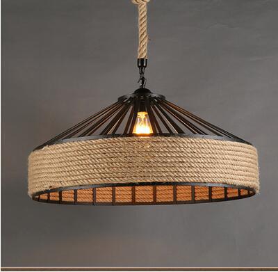 Vintage American Hemp Rope Wrought Iron Ceiling Lamp