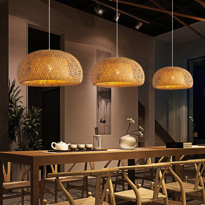 Serene Japanese Pastoral Woven Bamboo Dome Chandelier