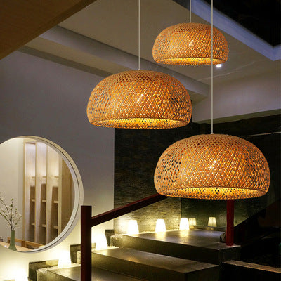 Serene Japanese Pastoral Woven Bamboo Dome Chandelier