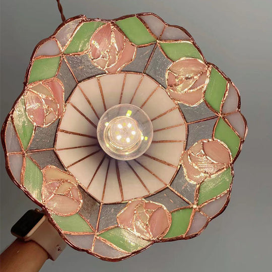 Tea Chestnut French Retro Rose Stained Glass Chandelier